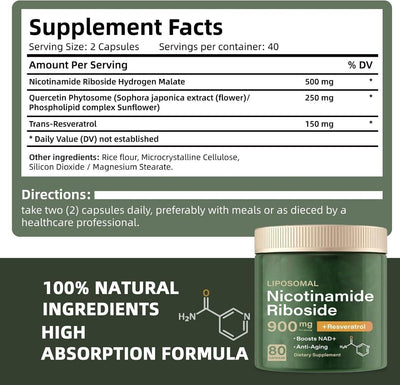 NAD + Supplement - Liposomal Nicotinamide Riboside Capsules 900mg with Resveratrol & Quercetin, Anti-Aging, Focus, Energy - 80 Capsules (1 Bottle)
