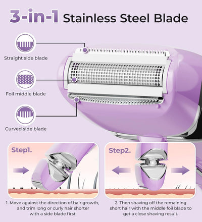 Electric Shaver for Women Lady Razor Bikini Trimmer Body Hair Removal for Legs and Armpits Painless Cordless Rechargeable Wet and Dry Purple and White