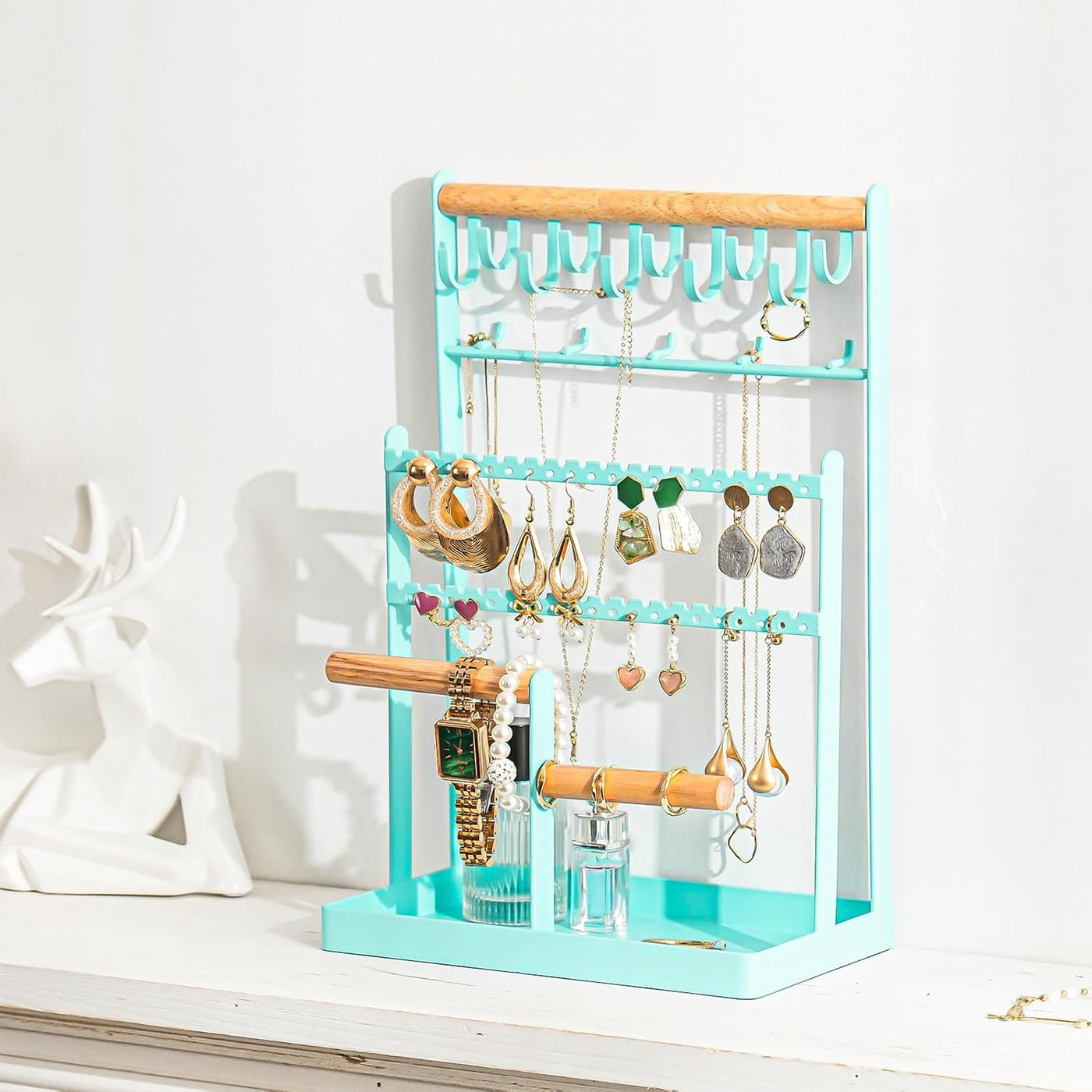 Jewelry Organizer Stand Necklace Organizer Earring Holder, 6 Tier Jewelry Stand Necklace Holder with 15 Hooks, Jewelry Tower Display Rack Storage Tree for Bracelets Earrings Rings -Black