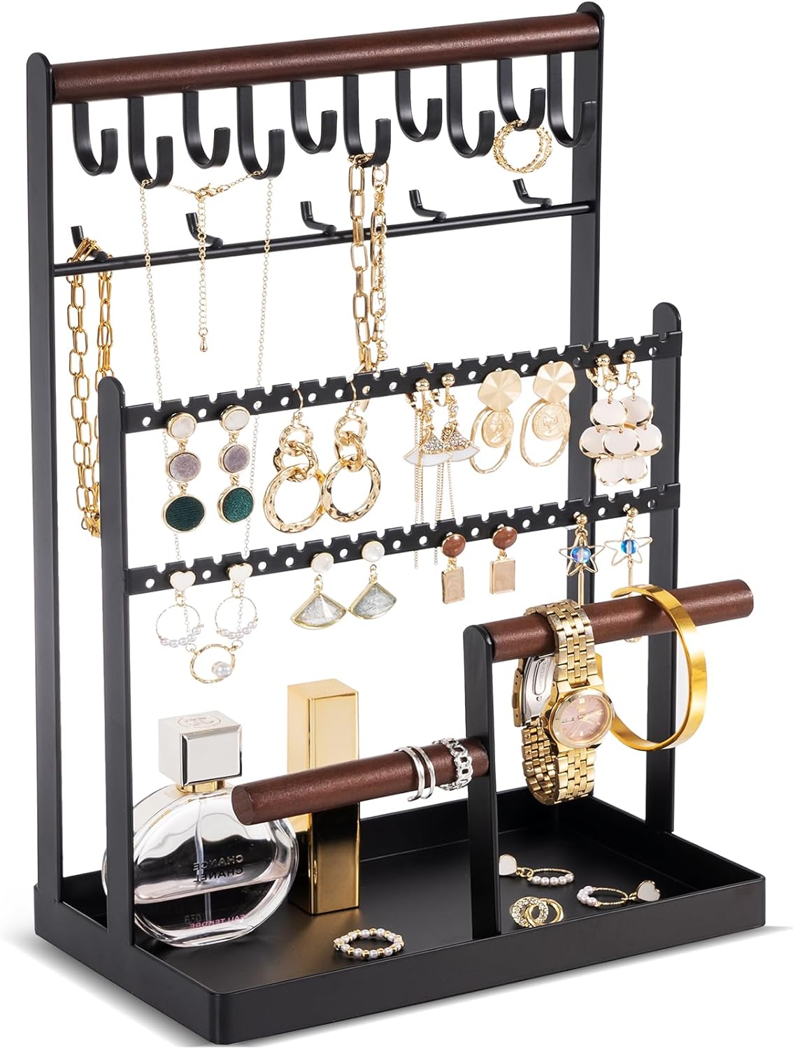 Jewelry Organizer Stand Necklace Organizer Earring Holder, 6 Tier Jewelry Stand Necklace Holder with 15 Hooks, Jewelry Tower Display Rack Storage Tree for Bracelets Earrings Rings -Black