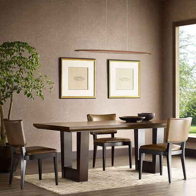 USOR Wood Linear Pendant Light LED Dimmable Chandelier Long Strip Ceiling Hanging Lamp Height Adjustable Dining Room Light for Kitchen Island Walnut Color