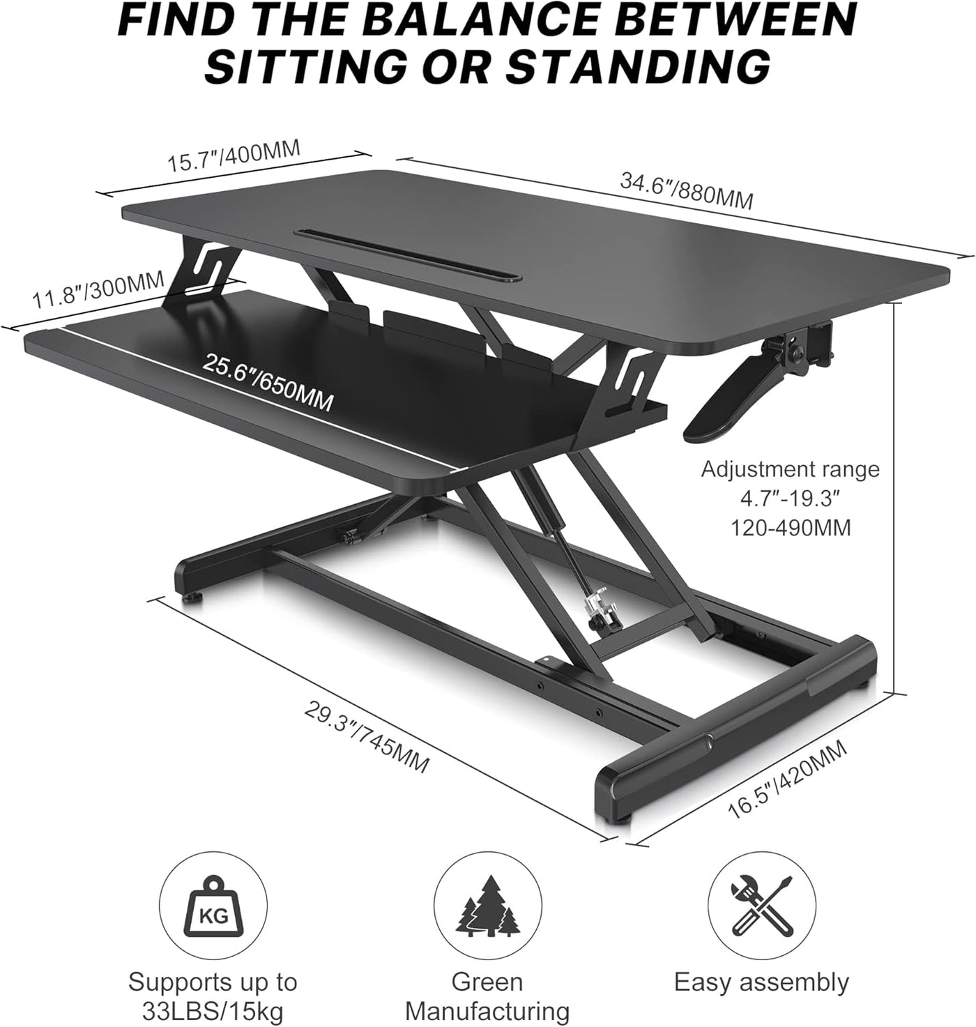 Altus Stand-Up Desk Converter 880mm Sit-to-Stand Tabletop Riser Workstation Black