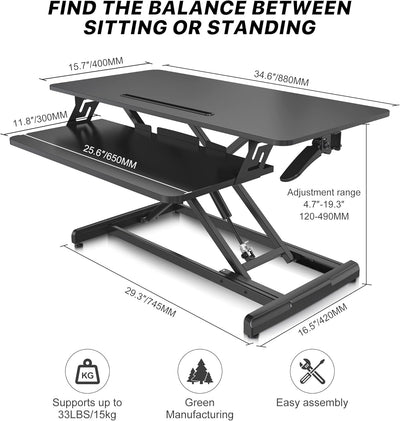 Altus Stand-Up Desk Converter 880mm Sit-to-Stand Tabletop Riser Workstation Black