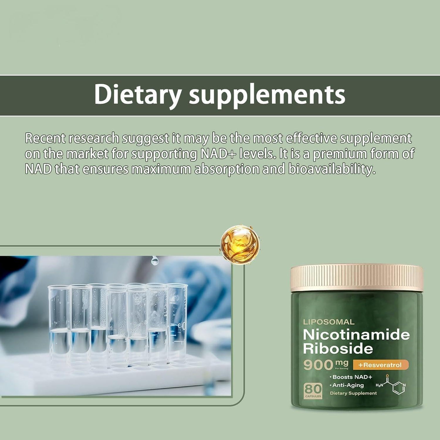 NAD + Supplement - Liposomal Nicotinamide Riboside Capsules 900mg with Resveratrol & Quercetin, Anti-Aging, Focus, Energy - 80 Capsules (1 Bottle)