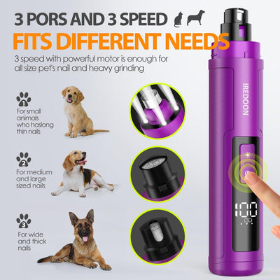 Dog Nail Grinder Upgraded - Professional 3-Speed Super Quiet and Low Vibration Electric Pet Nail Grinder with 4 LED Lights - Painless Paws Grooming & Smoothing for Small to Large Dogs (Black)