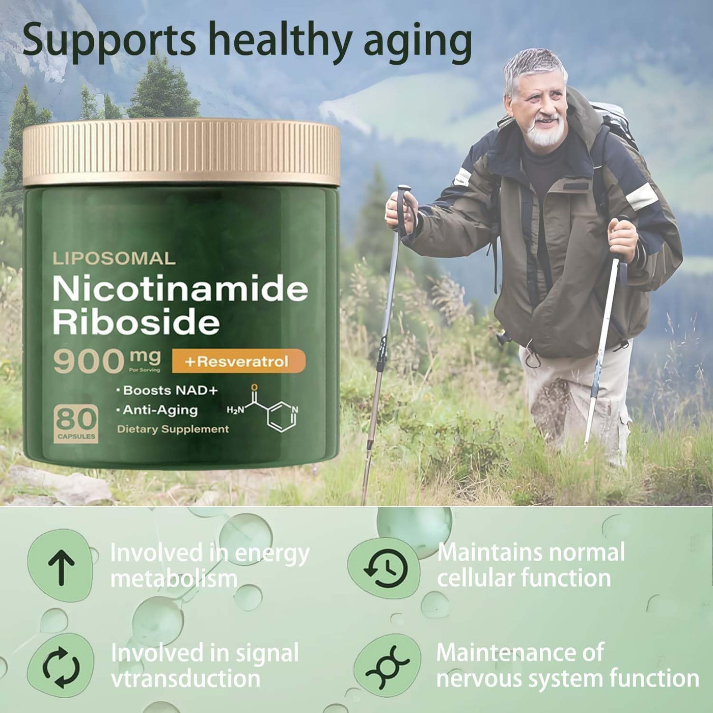 NAD + Supplement - Liposomal Nicotinamide Riboside Capsules 900mg with Resveratrol & Quercetin, Anti-Aging, Focus, Energy - 80 Capsules (1 Bottle)