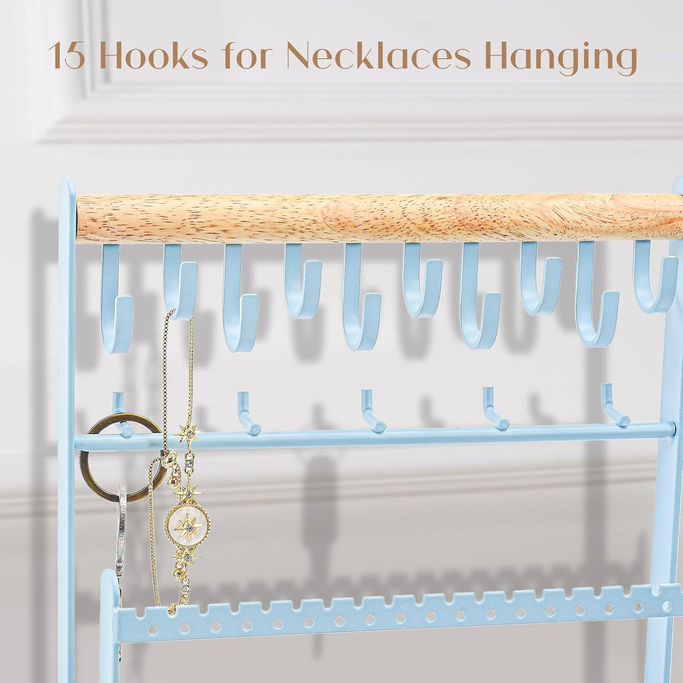 Jewelry Organizer Stand Necklace Organizer Earring Holder, 6 Tier Jewelry Stand Necklace Holder with 15 Hooks, Jewelry Tower Display Rack Storage Tree for Bracelets Earrings Rings -Black