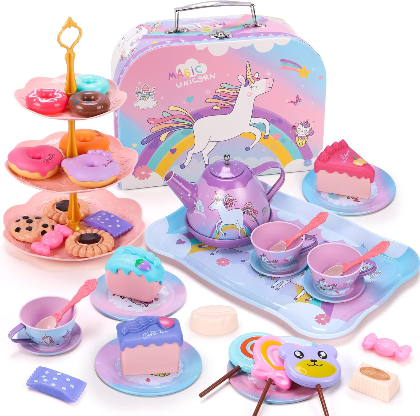 Unicorn Toys for Girls,48 PCS Kids Tea Set for Kids,Pretend Toy W/ Play Desserts,Tin Teapot,Educational Play Food Princess Toy Gift,Toddler Toys for 6 7 Year Old Girls Boys