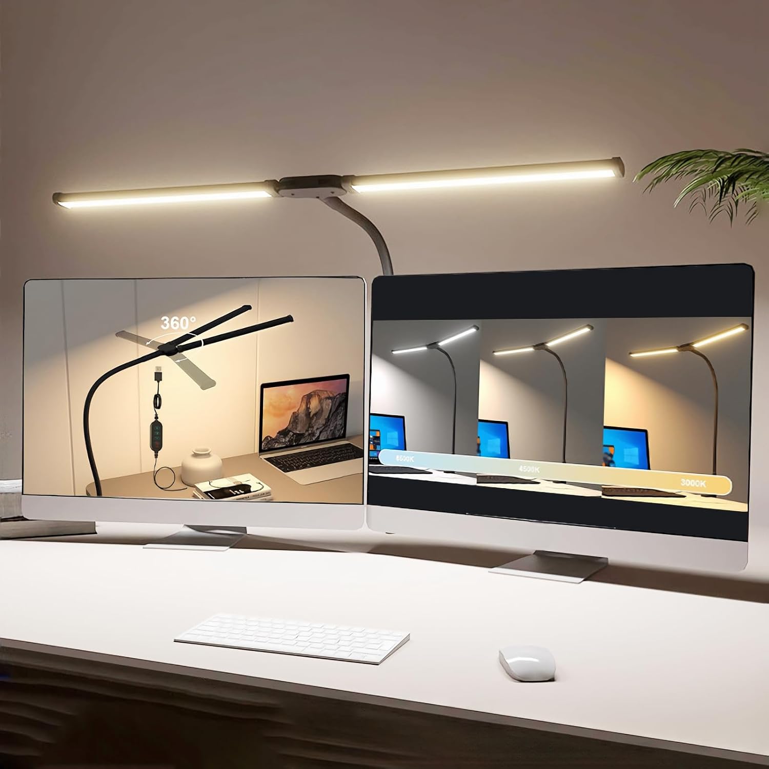 LED Desk Lamp, Double Head Desk Light with USB Charging Port, 3 Color