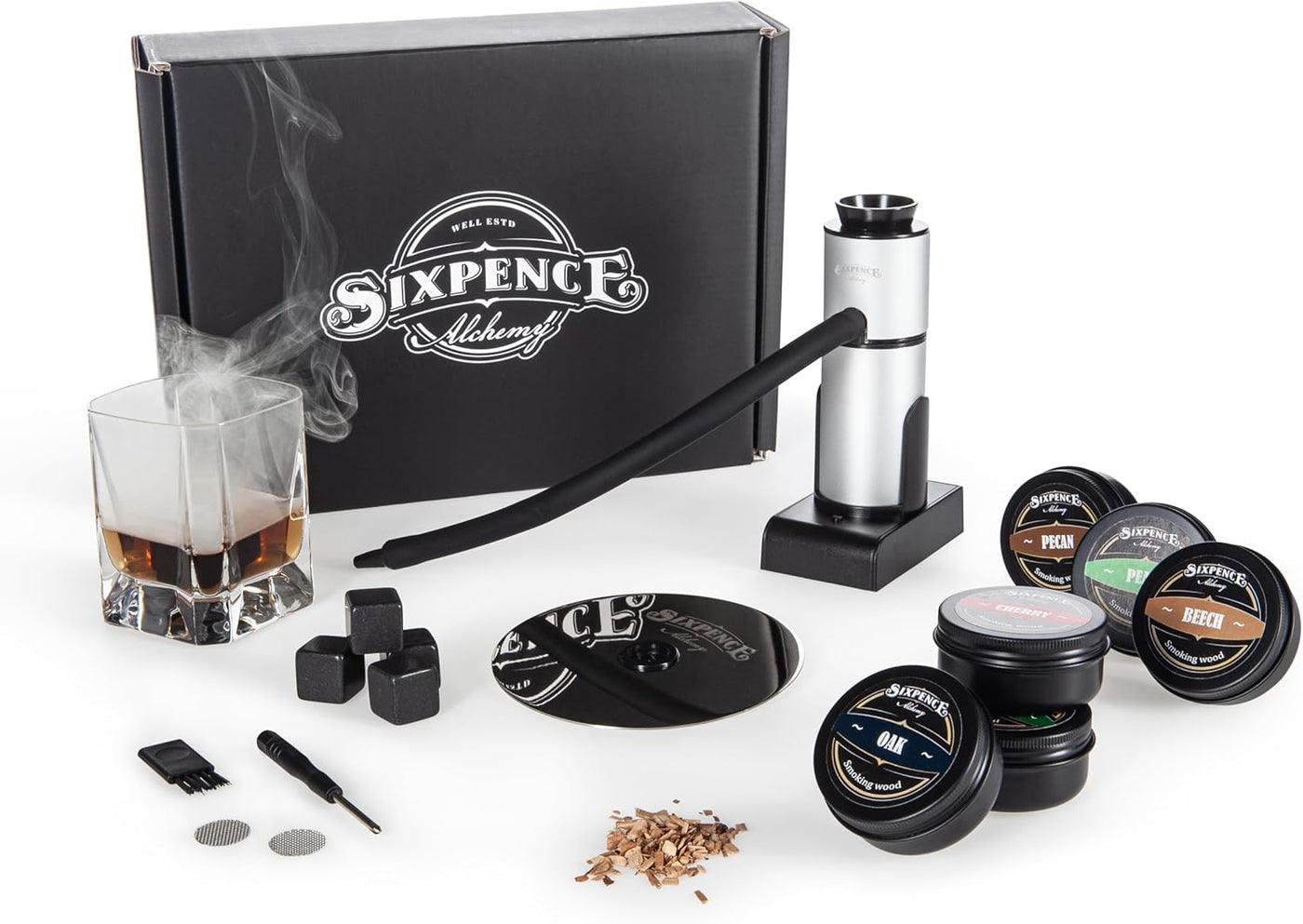 Sixpence Alchemy Cocktail and Food Smoke Infuser with Wood Chips. Portable Kitchen Smoking Gun. Indoor Smoker Kit. Smoke a Drink - Whiskey Old Fashioned, Bourbon. Smoke Food - Cheese, Meat, Fish.
