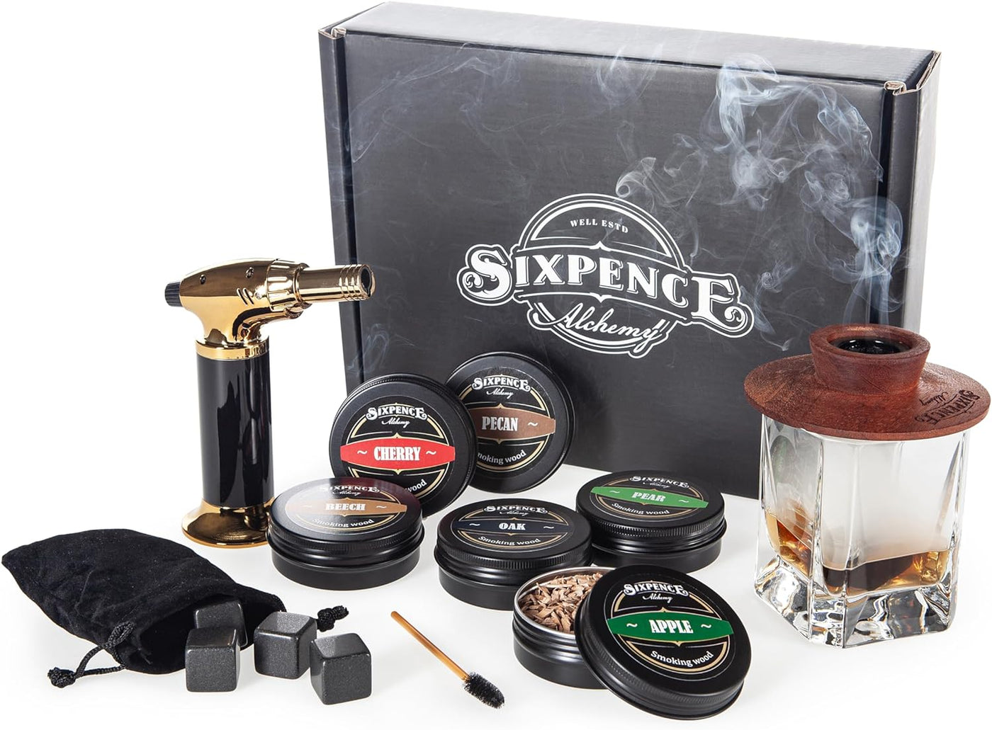 Cocktail Smoker Kit With Torch. Smoking Kits include Hardwood Whisky Smoker; Oak, Cherry & Hickory Wood Chips; Butane Torch. Deluxe Smoke Infusion Set. Smoke Cocktails, Drinks, Bourbon, Old Fashioned.