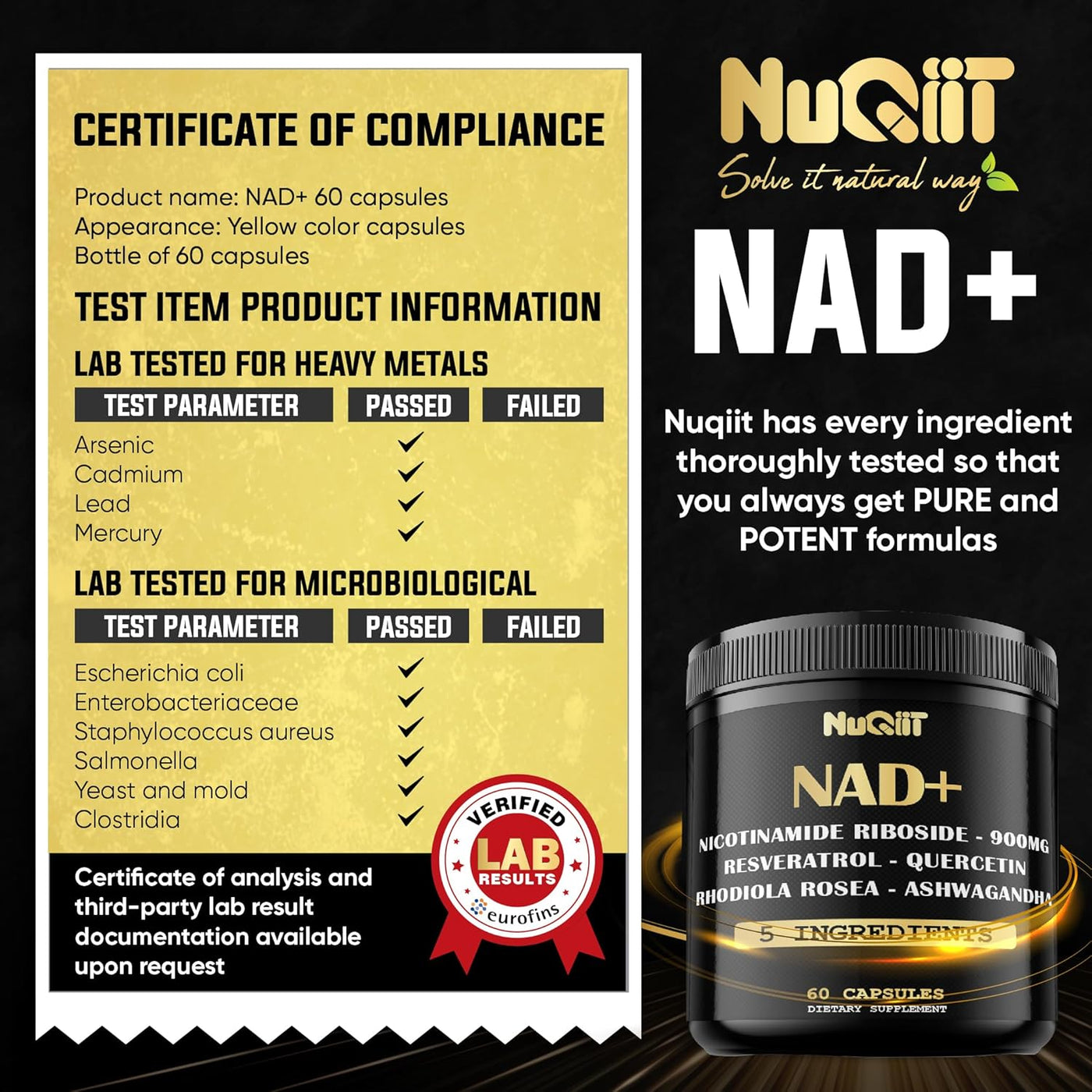 NAD+ Supplement with Nicotinamide Riboside 900mg, Resveratrol, Quercetin, Turmeric, Rhodiola Rosea - 60 Count