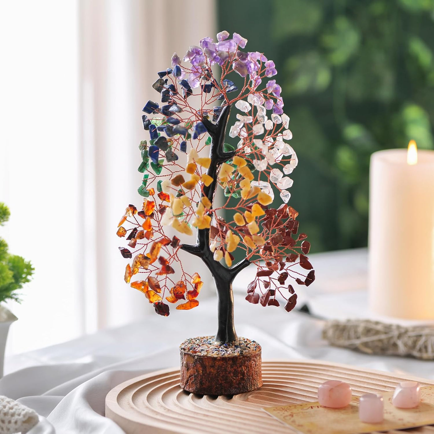 Artificial Tree - Home Decor - 7 Chakra Tree - Crystal Tree- Room Decor - Kitchen Decor - Office Decor- Crystal Tree for Positive Energy, Bonsai Tree, Fortune Money Tree - Spiritual Gift, Wood Stone