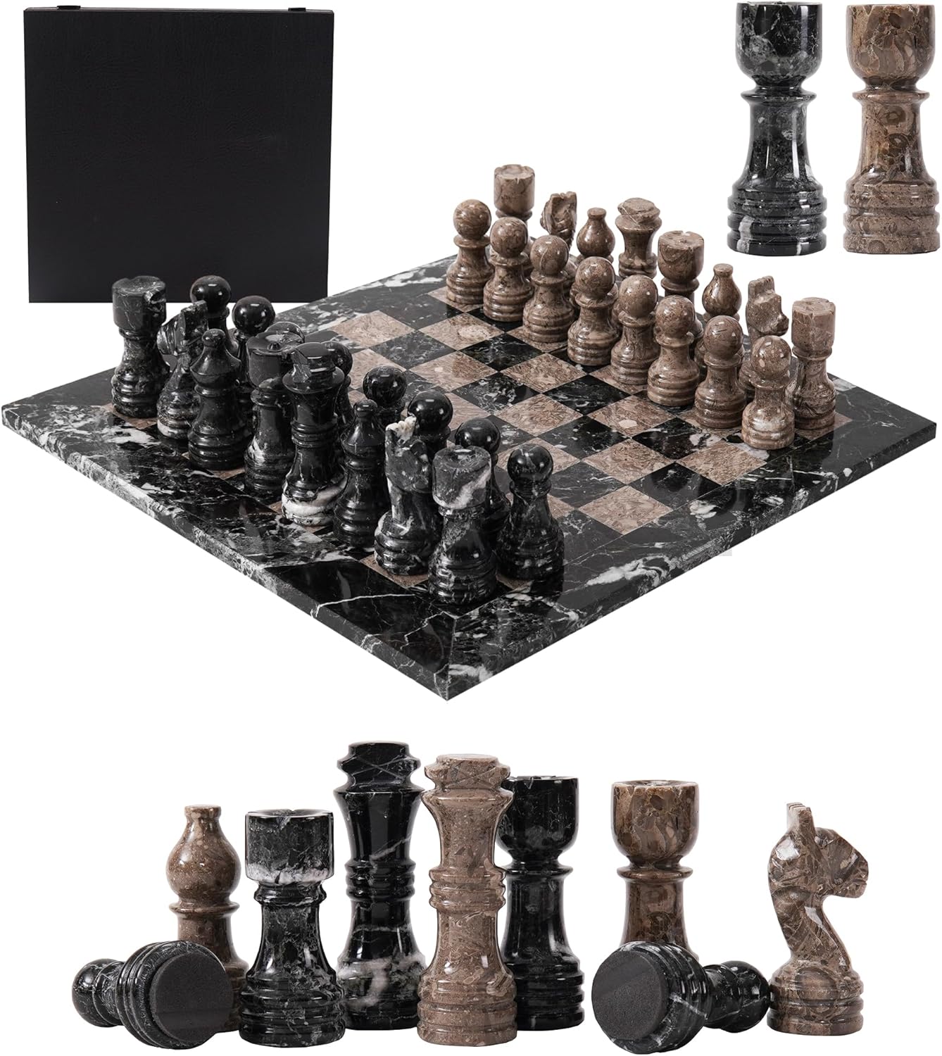 Handmade Marble Tournament Full Chess Game Set (Black Zebra & Oceanic)
