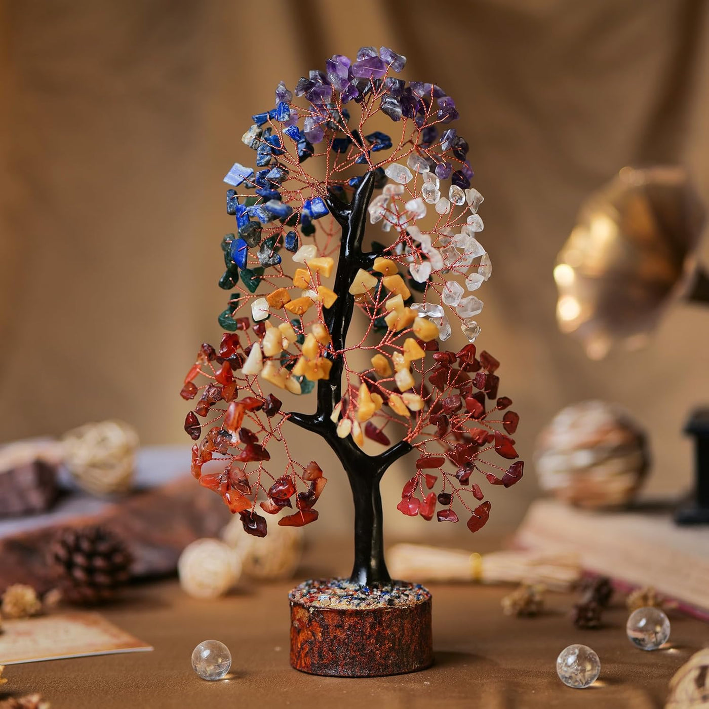 Artificial Tree - Home Decor - 7 Chakra Tree - Crystal Tree- Room Decor - Kitchen Decor - Office Decor- Crystal Tree for Positive Energy, Bonsai Tree, Fortune Money Tree - Spiritual Gift, Wood Stone