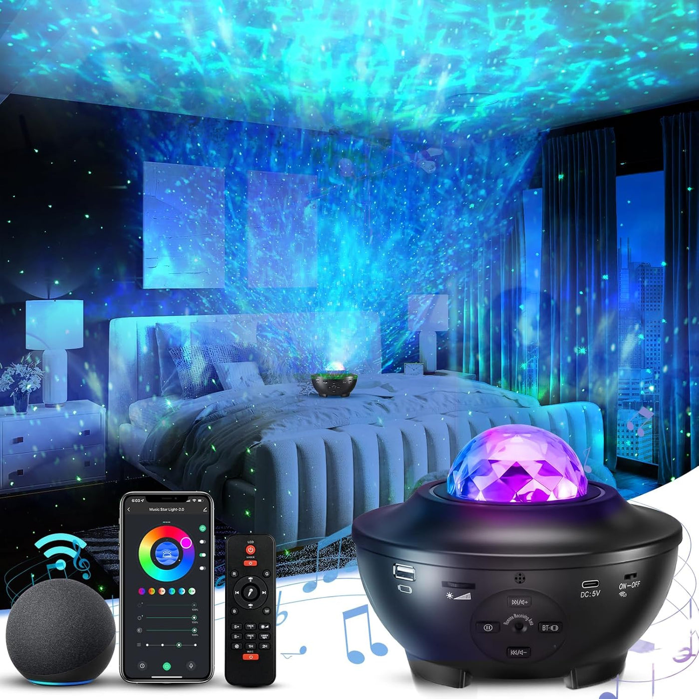 Galaxy Sky Star Projector LED Starry Night Light, Cool Planetarium Music Show Lamp with Speaker for Kids, Boys,Adults Bedroom Space and Home Ceiling Living Room Décor, Party (Black)