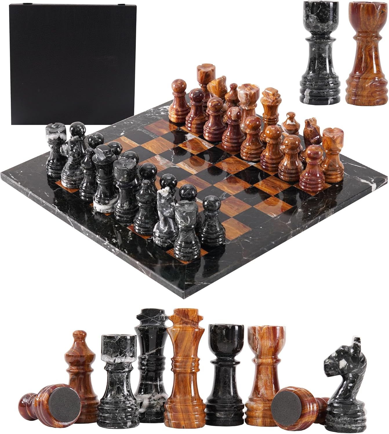 Handmade Marble Tournament Full Chess Game Set (Black Zebra and Red) 3