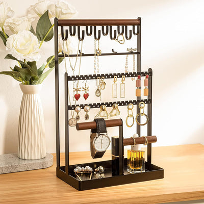Jewelry Organizer Stand Necklace Organizer Earring Holder, 6 Tier Jewelry Stand Necklace Holder with 15 Hooks, Jewelry Tower Display Rack Storage Tree for Bracelets Earrings Rings -Black