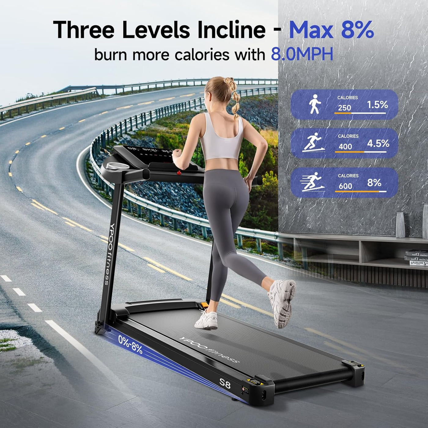 Treadmills for Home, 8.0 MPH Walking Pad Treadmill with Incline, Foldable Treadmill with Handles, Low Noise Walking Pad with Incline up to 8% for 300 lbs