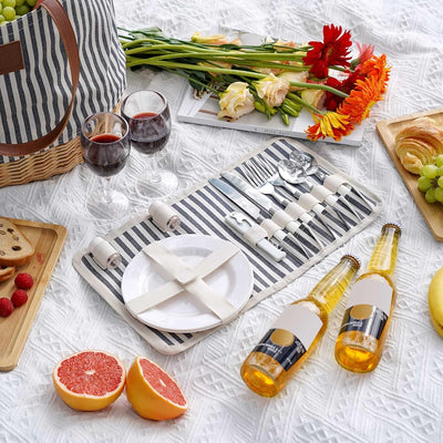 WILLOW WEAVE Portable Picnic Basket Bag for 2 with Two Sets of Plates, Silverware, and Plastic Wine Glasses, Roomy Insulated Beach Tote Bag for Thanks Giving Chritmas - Stripe