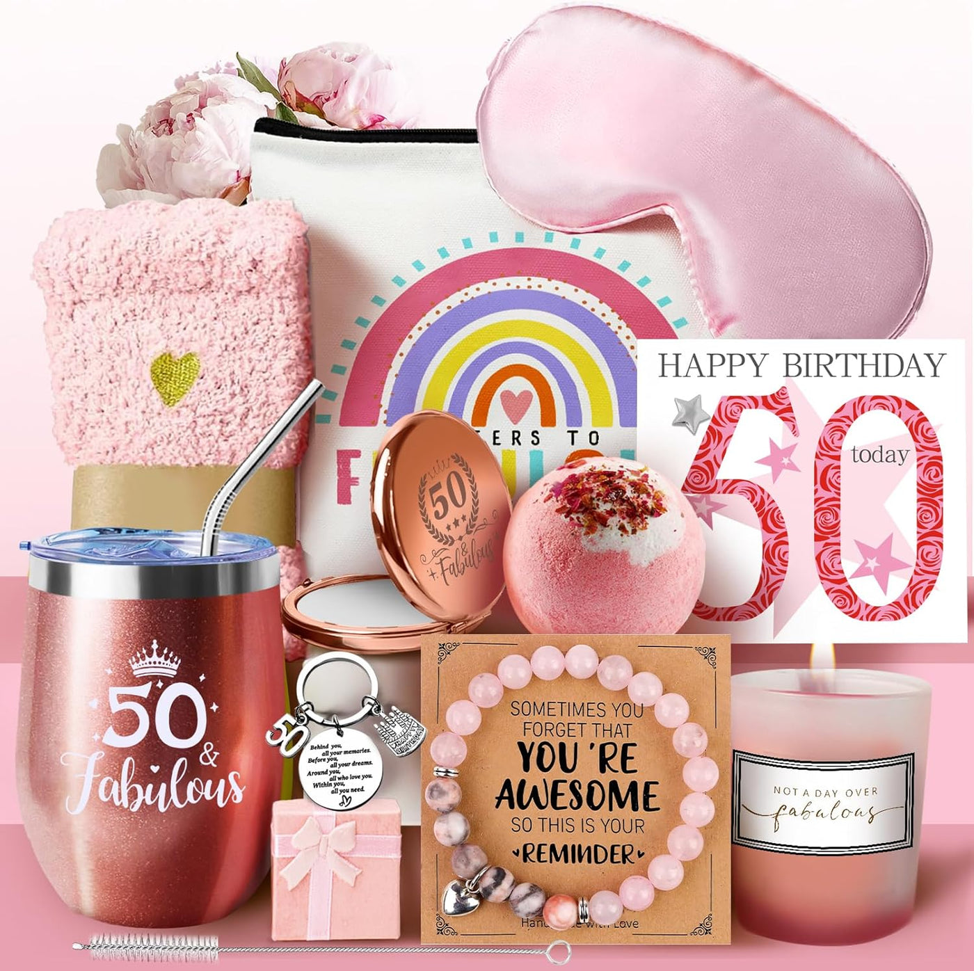 50th Birthday Gifts for Women, Her 50 Years Old Gift Ideas Happy Hamper Pamper Set Present Basket, Friends Sisters Wife Bestie Girlfriend Mum Born in 1975