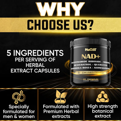 NAD+ Supplement with Nicotinamide Riboside 900mg, Resveratrol, Quercetin, Turmeric, Rhodiola Rosea - 60 Count