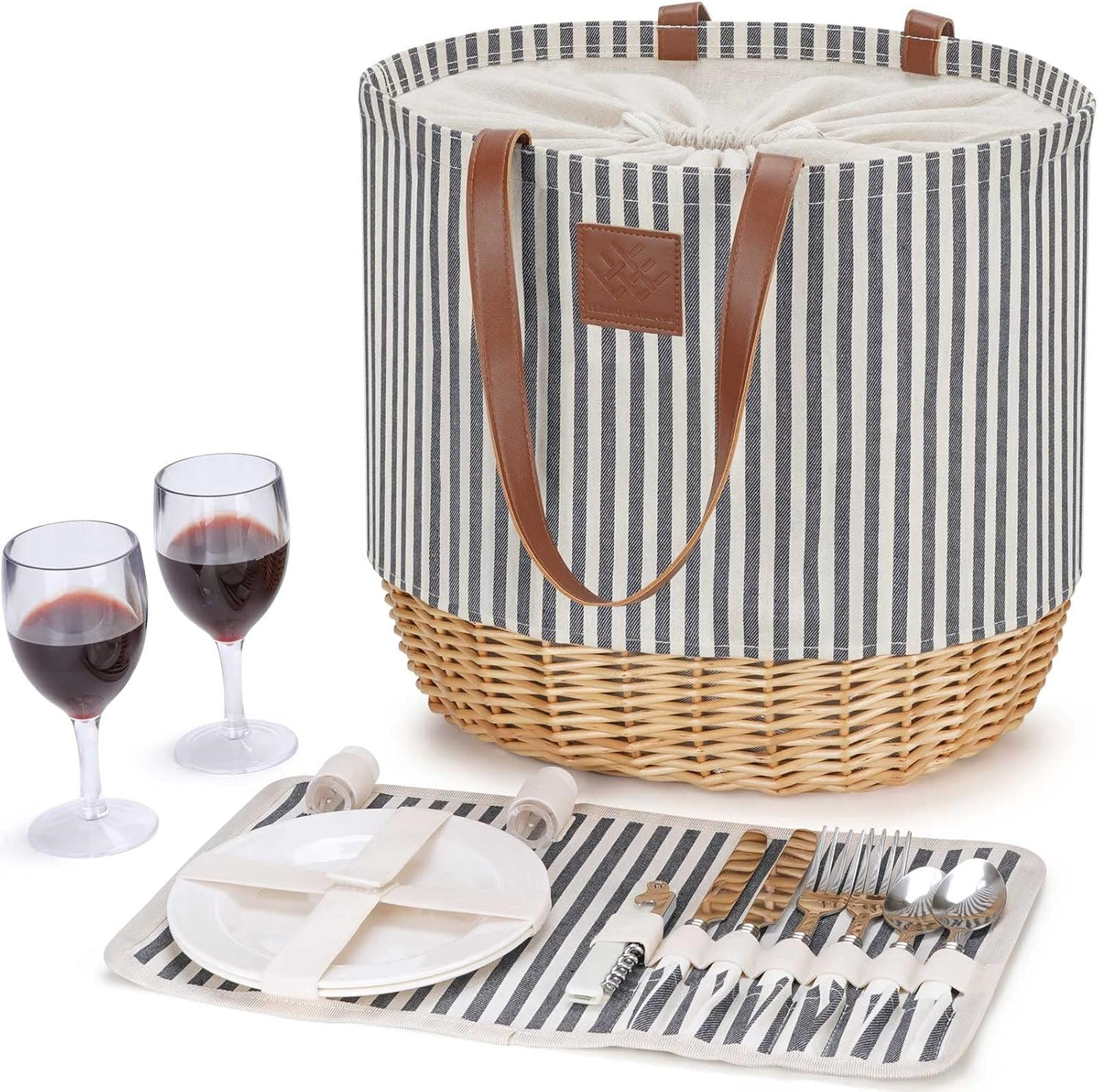 WILLOW WEAVE Portable Picnic Basket Bag for 2 with Two Sets of Plates, Silverware, and Plastic Wine Glasses, Roomy Insulated Beach Tote Bag for Thanks Giving Chritmas - Stripe