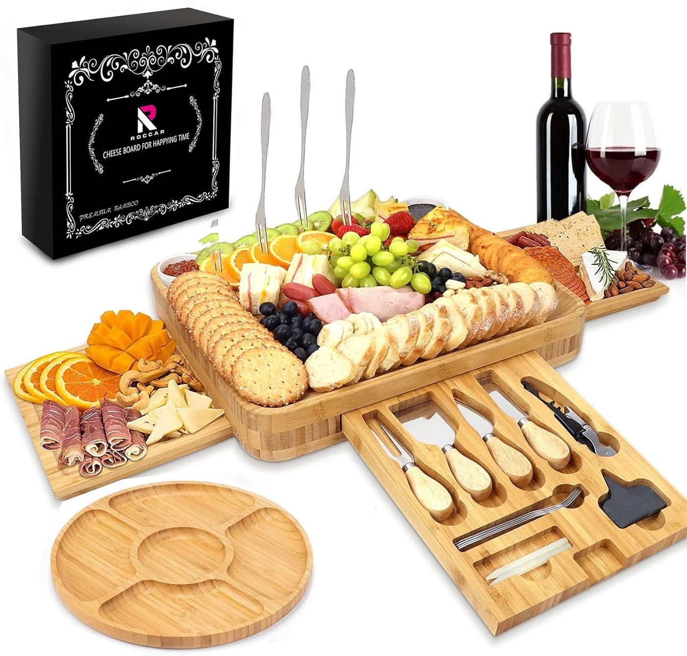 Roccar Cheese Board Valentines Day Gifts for Women,Birthday Gifts for Women,Bamboo Charcuterie Board and Knife Set,Wedding Gifts for Couple,Cheese Serving Platter Tray Anniversary Present for Couples