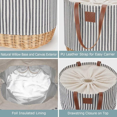 WILLOW WEAVE Portable Picnic Basket Bag for 2 with Two Sets of Plates, Silverware, and Plastic Wine Glasses, Roomy Insulated Beach Tote Bag for Thanks Giving Chritmas - Stripe