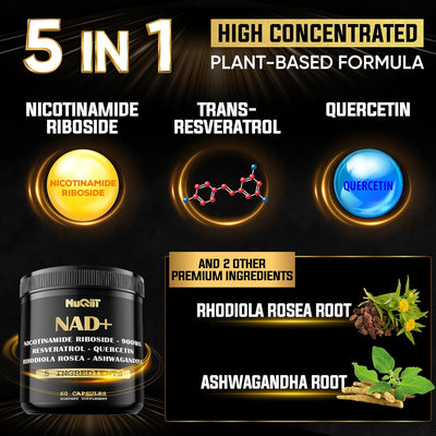 NAD+ Supplement with Nicotinamide Riboside 900mg, Resveratrol, Quercetin, Turmeric, Rhodiola Rosea - 60 Count