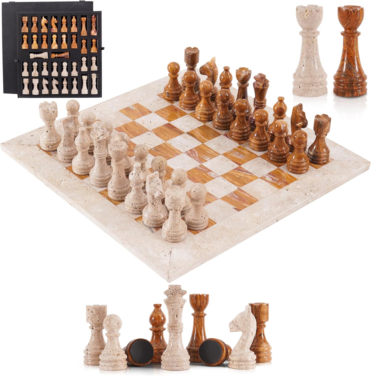 Marble Chess Set 15 Inch Travertine & Brown Checkers Board Game with P