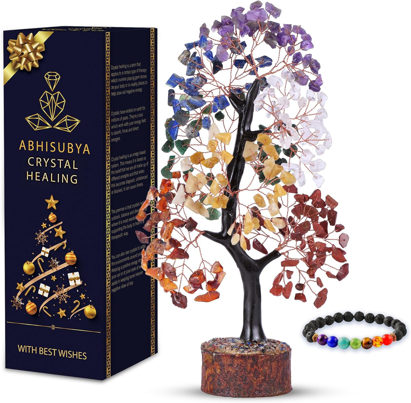 Artificial Tree - Home Decor - 7 Chakra Tree - Crystal Tree- Room Decor - Kitchen Decor - Office Decor- Crystal Tree for Positive Energy, Bonsai Tree, Fortune Money Tree - Spiritual Gift, Wood Stone