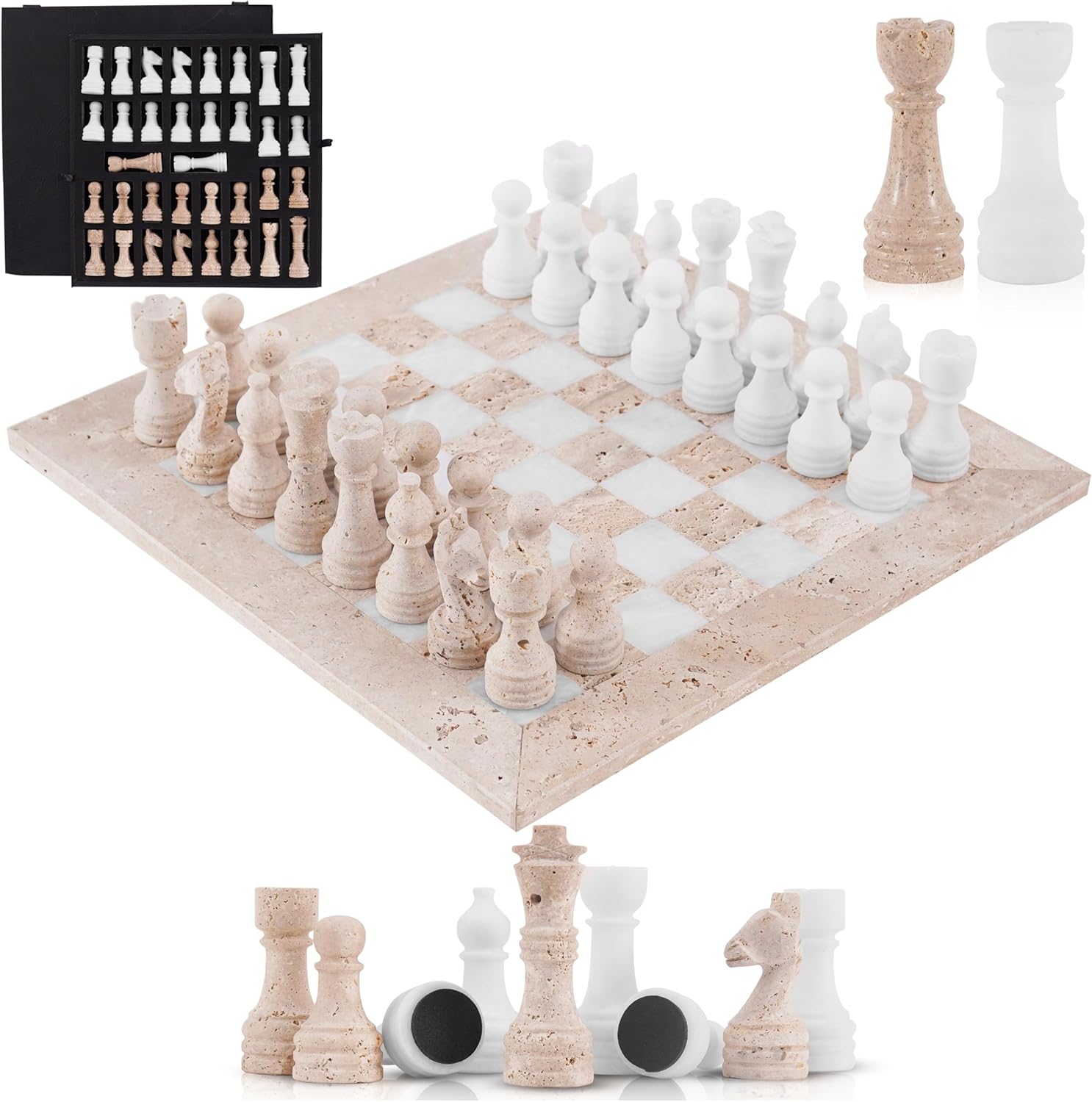 Handmade Marble Tournament Full Chess Game Set (Travertine & White) 38