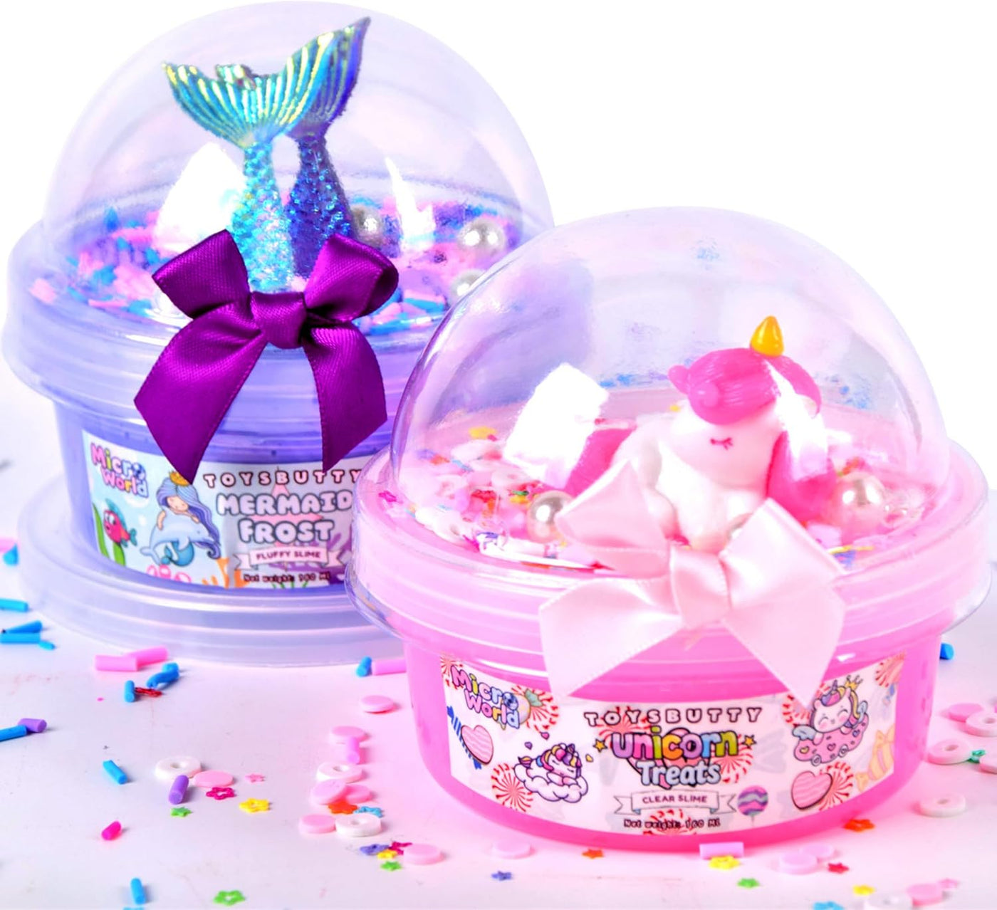 ToysButty Butter Slime kit, MicroWorld 2 Pack Clear & Fluffy Slime for Kids, Unicorn Mermaid Theme Party Favors with 6 Slime add ins, Unicorn Kids Toy Birthday Gifts for Girls Age 8-12