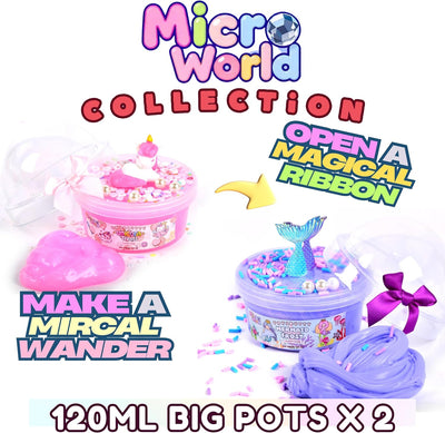 ToysButty Butter Slime kit, MicroWorld 2 Pack Clear & Fluffy Slime for Kids, Unicorn Mermaid Theme Party Favors with 6 Slime add ins, Unicorn Kids Toy Birthday Gifts for Girls Age 8-12