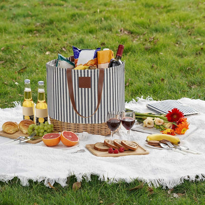 WILLOW WEAVE Portable Picnic Basket Bag for 2 with Two Sets of Plates, Silverware, and Plastic Wine Glasses, Roomy Insulated Beach Tote Bag for Thanks Giving Chritmas - Stripe