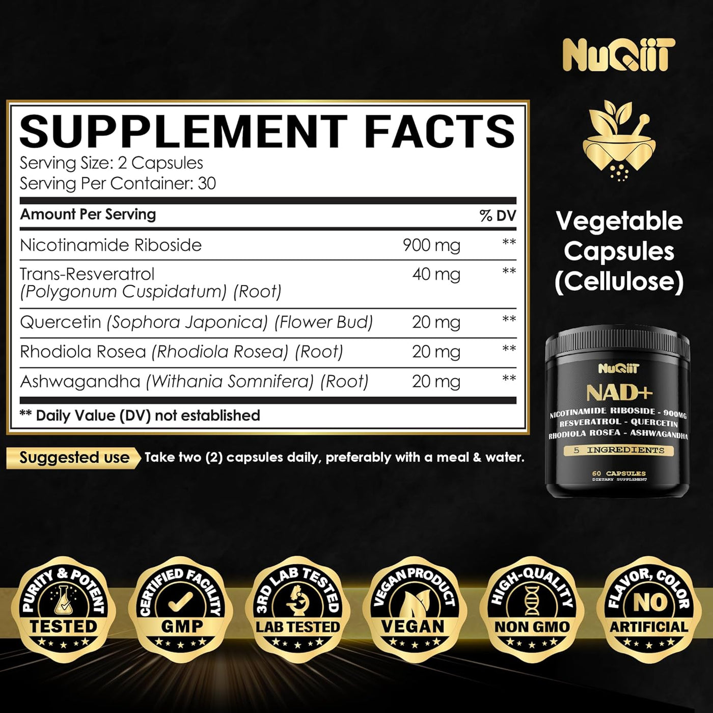 NAD+ Supplement with Nicotinamide Riboside 900mg, Resveratrol, Quercetin, Turmeric, Rhodiola Rosea - 60 Count
