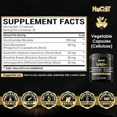 NAD+ Supplement with Nicotinamide Riboside 900mg, Resveratrol, Quercetin, Turmeric, Rhodiola Rosea - 60 Count