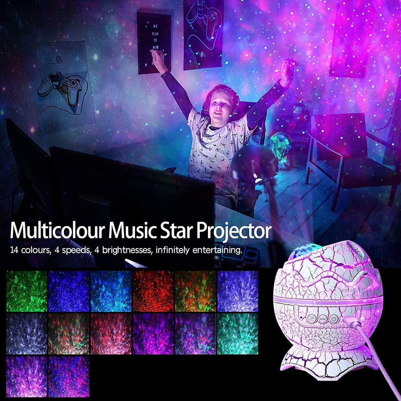 Galaxy Projector, Star Projector Starry Light with Music Player, 14 Colors Night Light with White Noise, Nebula,Timer & Remote Control for Gaming Room, Home Theater