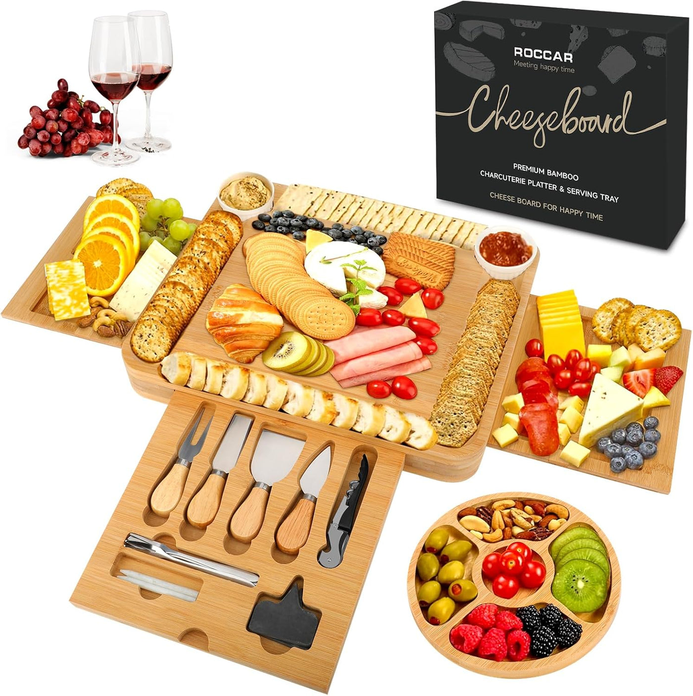 Roccar Cheese Board Valentines Day Gifts for Women,Birthday Gifts for Women,Bamboo Charcuterie Board and Knife Set,Wedding Gifts for Couple,Cheese Serving Platter Tray Anniversary Present for Couples