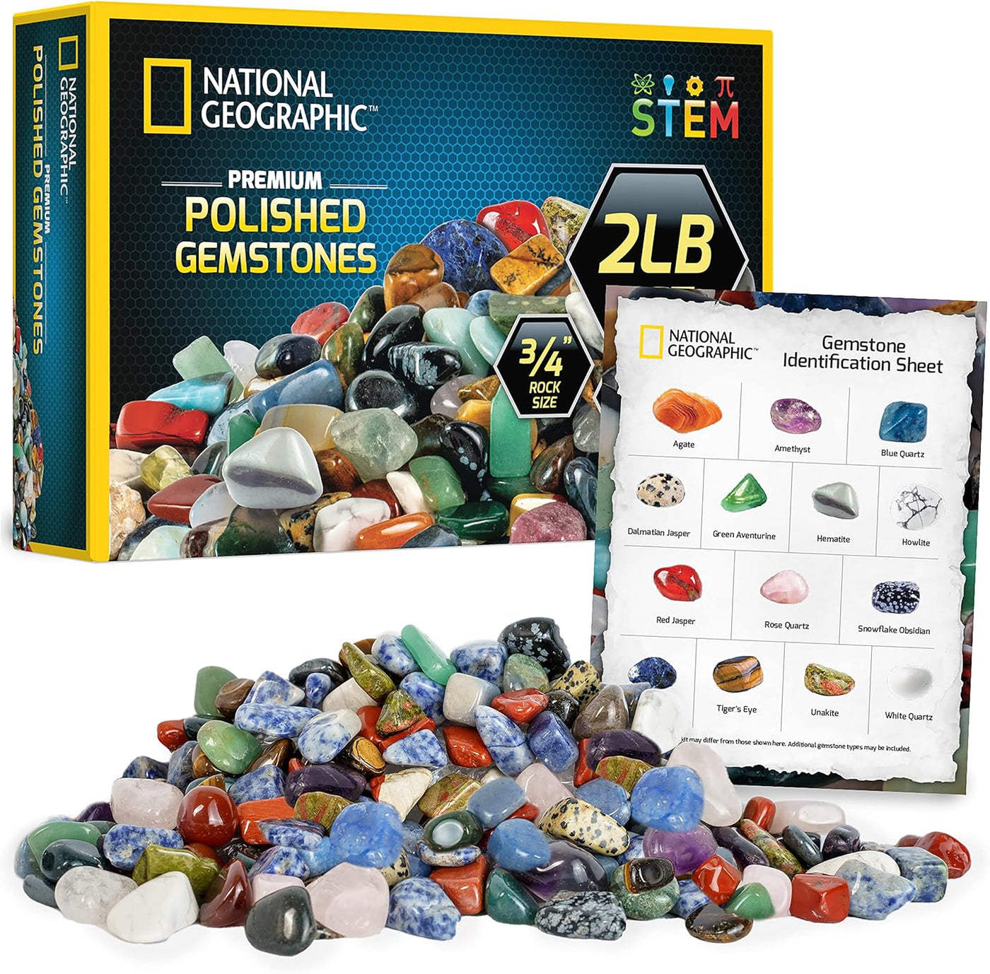 NATIONAL GEOGRAPHIC Premium Polished Stones - 2 Pounds of 3/4-Inch Tumbled Stones and Crystals Bulk, Arts and Crafts, Rock and Mineral Kit, Rocks for Kids, STEM Toys