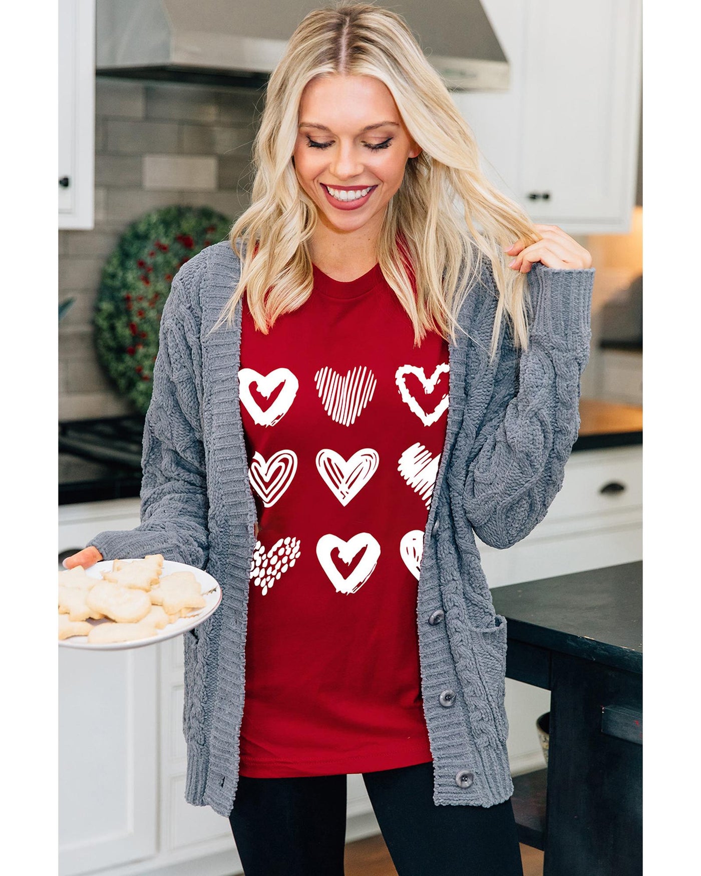 Azura Exchange Heart Glitter Flocking Pattern Valentines Graphic Tee - S