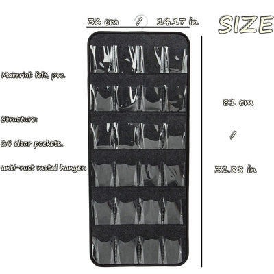 Grey Hanging Felt Shoe Organizer with 24 Clear Pockets - Anti-Rust Metal Hanger Included, Perfect for Shoes, Toys, and Accessories