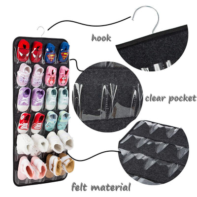 Pink Hanging Felt Shoe Organizer with 24 Clear Pockets - Anti-Rust Metal Hanger Included, Perfect for Shoes, Toys, and Accessories