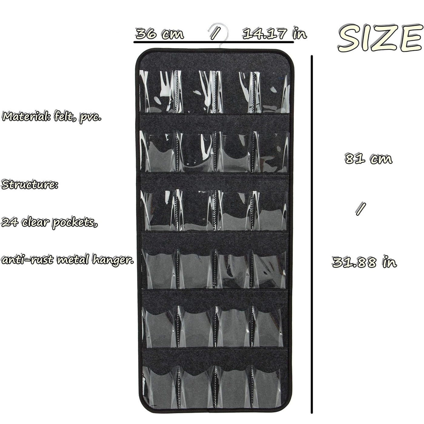 Pink Hanging Felt Shoe Organizer with 24 Clear Pockets - Anti-Rust Metal Hanger Included, Perfect for Shoes, Toys, and Accessories