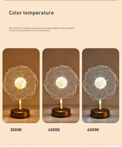 Sunflower Shape Luxury Acrylic Table Lamp - Modern USB Powered Night Light | Decorative Atmosphere Lamp for Bedroom, Living Room, and Bedside | Compact Design with 3 Color Temperatures