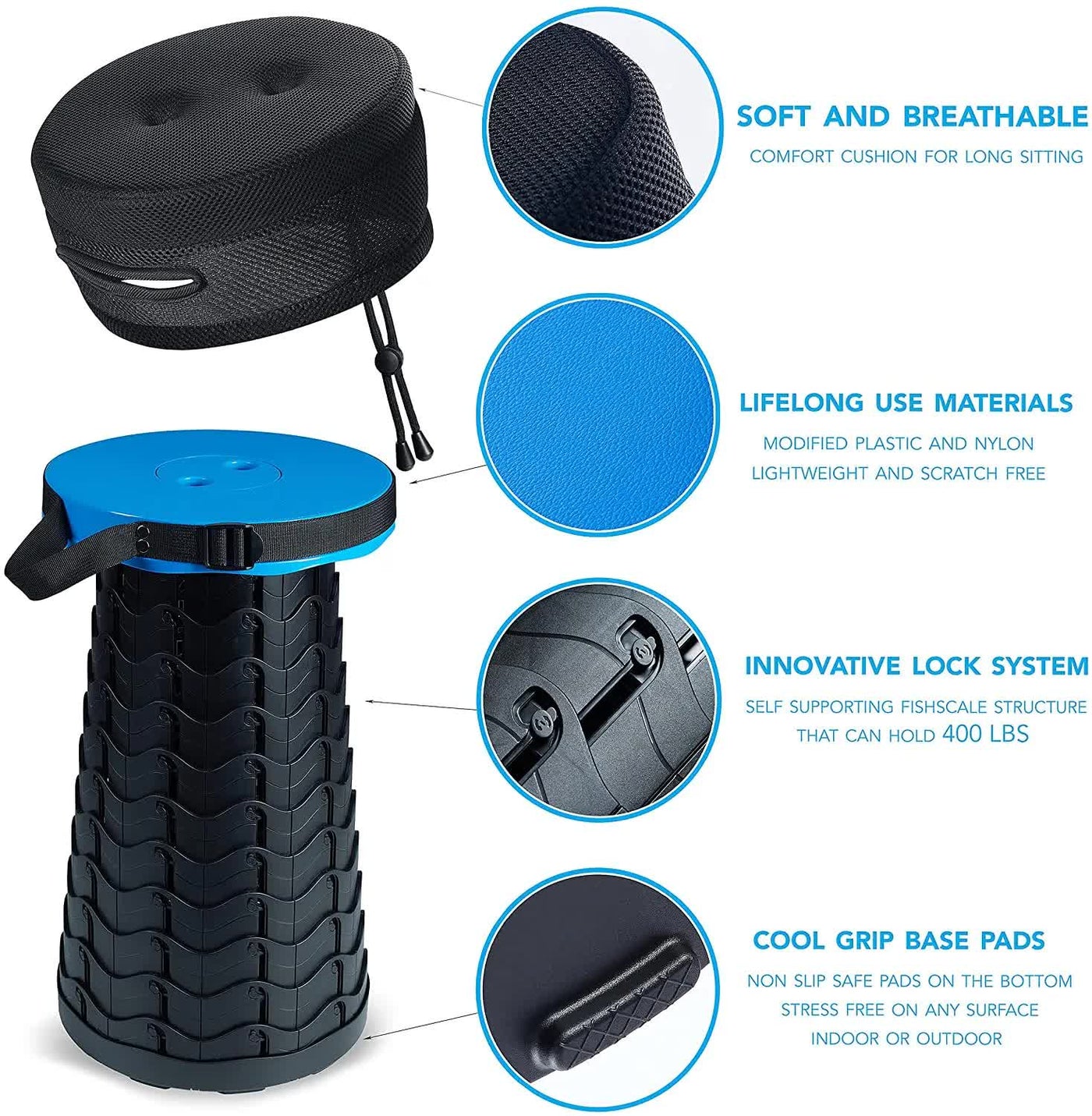 Rainbow Color Stitching Blue Portable Outdoor Telescopic Folding Stool with 100 Weight-Bearing Buckles, Lightweight and Compact Design, Perfect for Fishing, Camping, and Travel