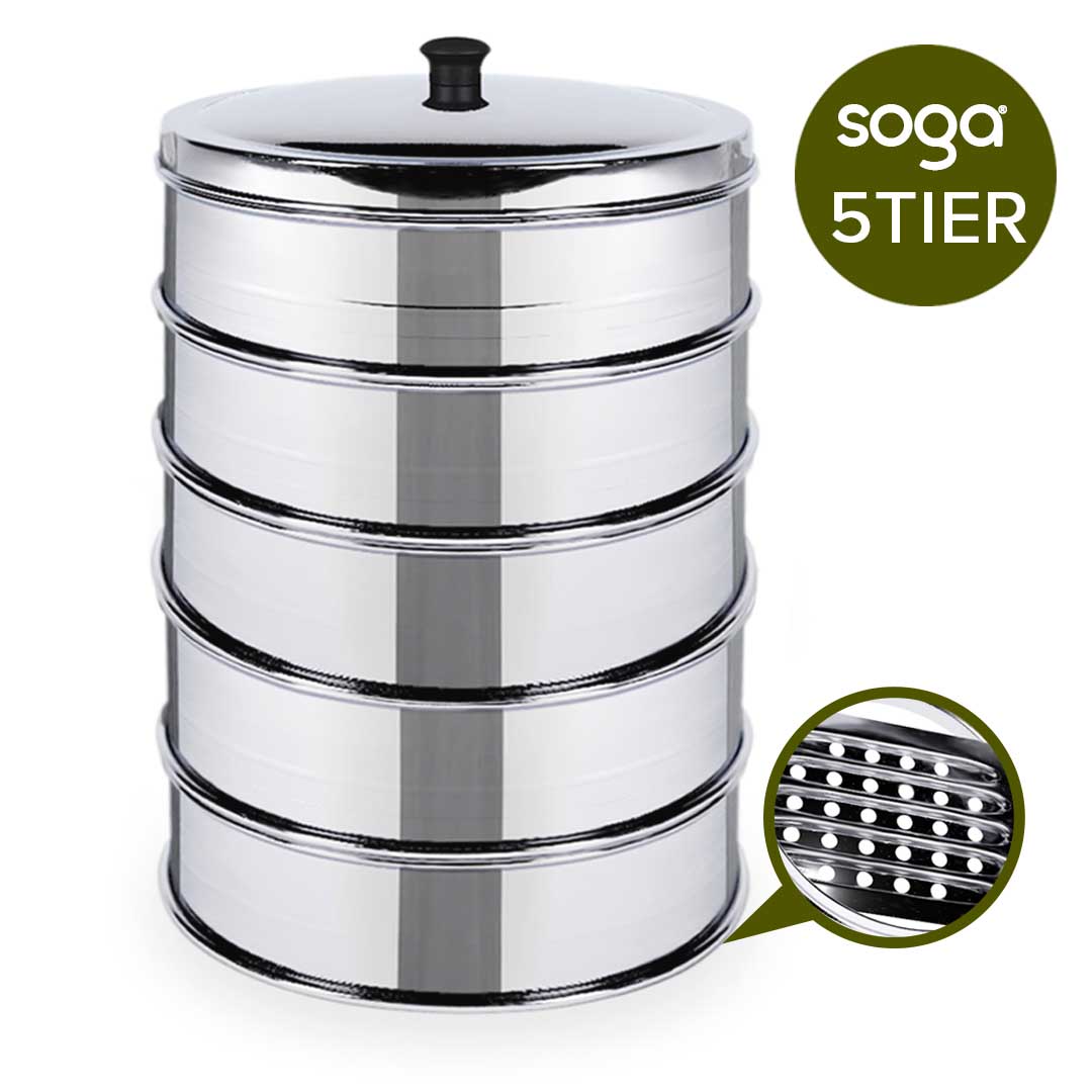 SOGA 5 Tier Stainless Steel Steamers With Lid Work inside of Basket Pot Steamers 28cm