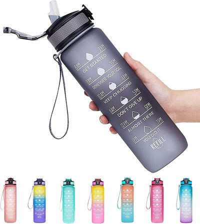 1L Leakproof BPA Free Drinking Water Bottle with Time Marker & Straw to Ensure You Drink Enough Water Throughout The Day for Fitness and Outdoor Enthusiasts