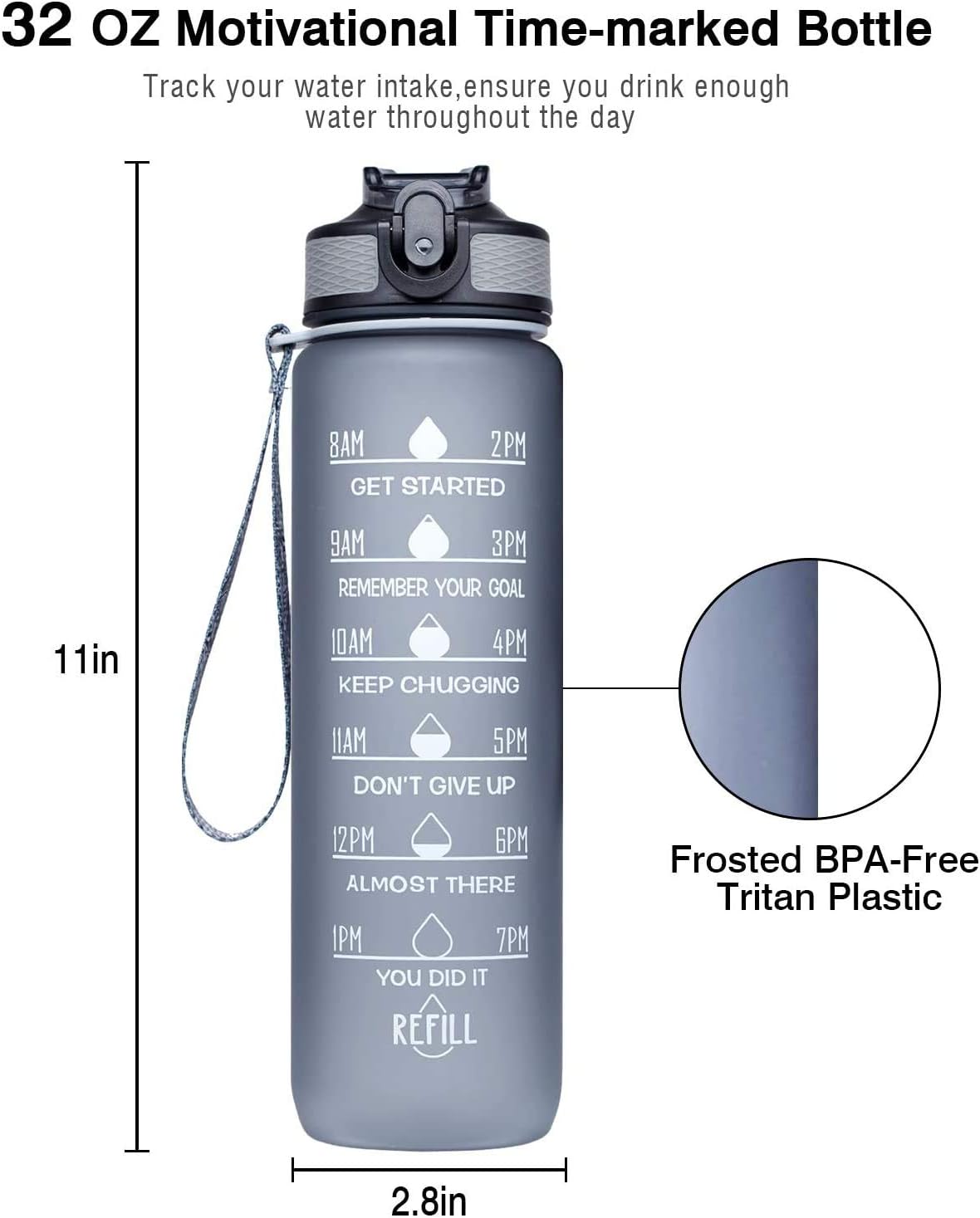 1L Leakproof BPA Free Drinking Water Bottle with Time Marker & Straw to Ensure You Drink Enough Water Throughout The Day for Fitness and Outdoor Enthusiasts